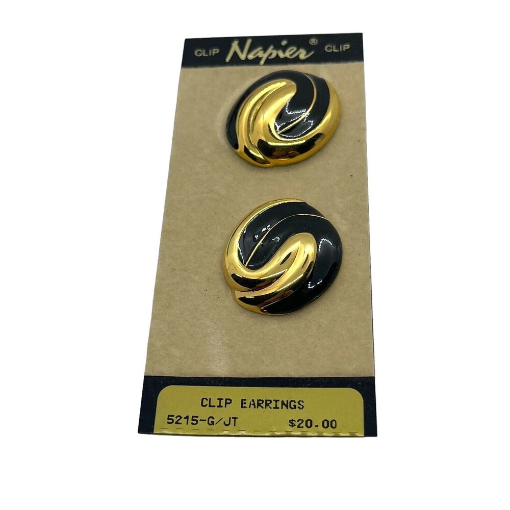 Napier Clip On Earrings Gold Tone Black Enamel Screwback Vintage New On Card